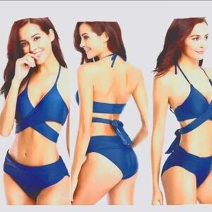 NWT Blue Bikini with Deep V-neckline and High-cut Legs ~M